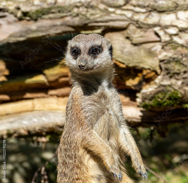 Fototapeta closeup portrait of suricate or meerkat (Suricata suricatta) standing in a zoo in Germany and watching from his lookout