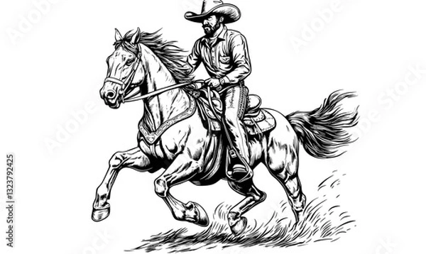 Fototapeta Cowboy riding horse drawing in motion - black and white vector, linear style icons set.