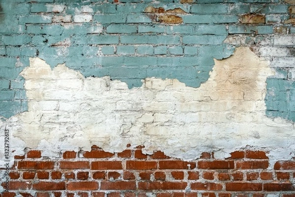 Fototapeta Weathered brick wall with faded plaster texture. AI generative