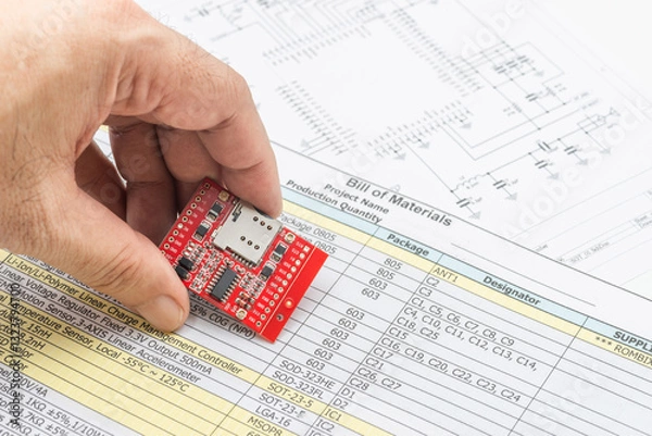 Obraz Electronics technician assembling components on bill of materials for circuit board