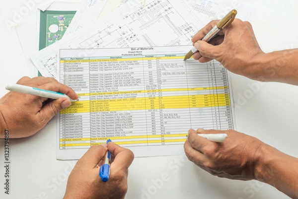 Obraz Engineer team assesses bill of material with detailed documentation and collaborative effort