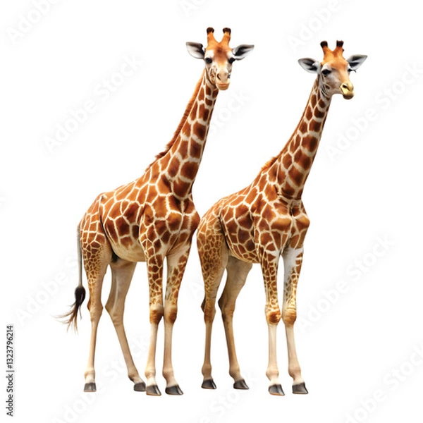 Fototapeta Two Tall Giraffes Standing Side by Side, PNG file for mock-up.