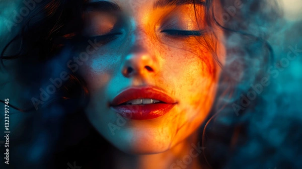 Obraz Beautiful young woman with curly hair smiling warmly in a close-up portrait taken indoors during soft natural light