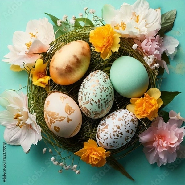 Obraz Generated imageSpring Colors, Easter Decorations of Flowers and Eggs.