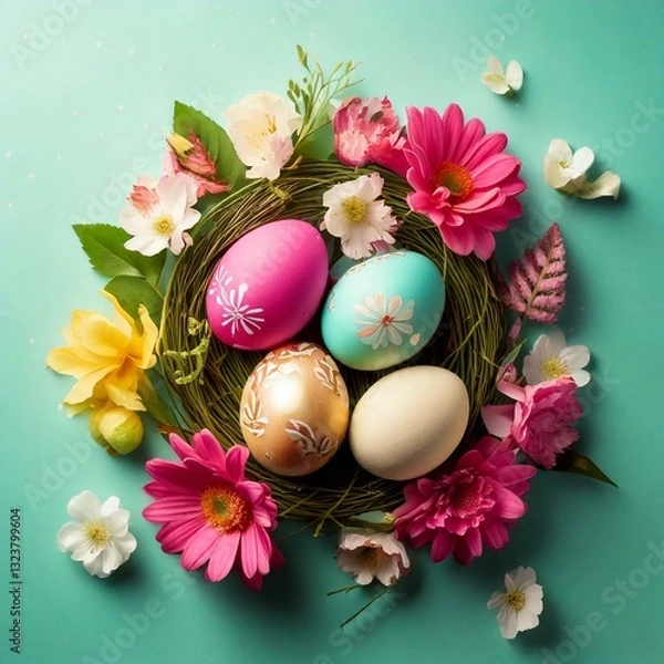 Obraz Generated imageGenerated imageSpring Colors, Easter Decorations of Flowers and Eggs.