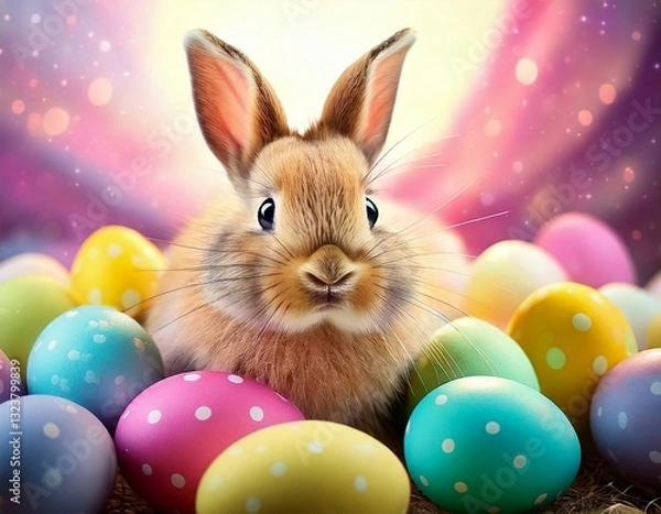 Obraz Generated imageCute Spring Bunny Playing on Easter Eggs