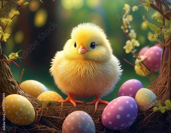 Fototapeta Generated imageGenerated imageAnnouncing Spring, Chick and Colorful Easter Eggs