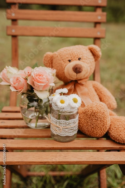Fototapeta Teddy sitzt auf Holzstuhl mit Rosen und Gänseblümchen auf einer Wiese - Geburtstag, Freude, Liebe