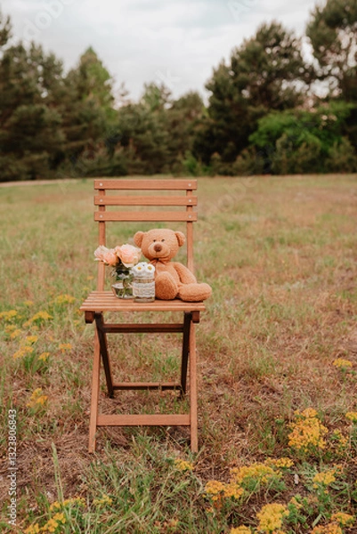 Fototapeta Teddy sitzt auf Holzstuhl mit Rosen und Gänseblümchen auf einer Wiese - Geburtstag, Freude, Liebe