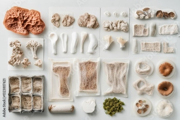 Fototapeta Variety of mushroom-based packaging samples in flat lay, revealing different mycelium shapes and spongy textures. Variety approach highlights waste reduction and modern eco innovation