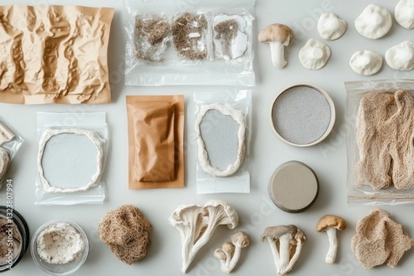Fototapeta Array of raw mycelium molds in macro flat lay, showing spore growth and minimal footprint design. Array concept embraces circular economy, focusing on biodegradable, plastic-free solutions