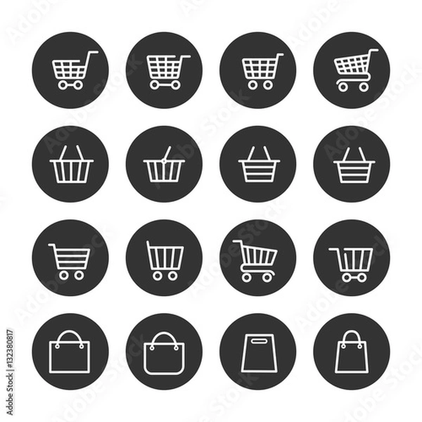 Fototapeta Shopping baskets thin line icons set in black circles. Vector illustration
