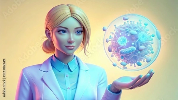 Obraz A female doctor examines a holographic microbiome model in a clinical setting.