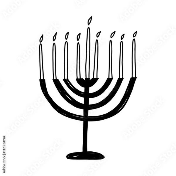 Fototapeta Menorah candles in cute doodle style, vector illustration isolated on white background. Christmas candles in candle holder, hand drawn outline.