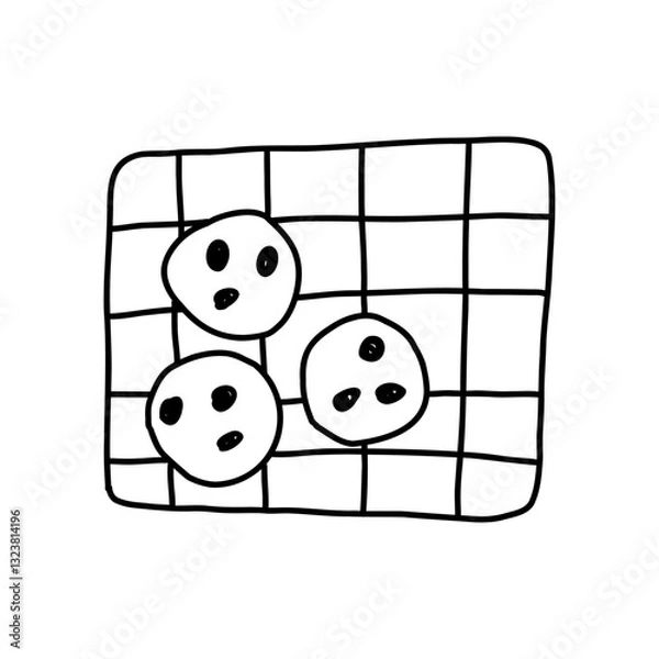 Fototapeta Cookies on baking tray, hand drawn doodle vector illustration isolated on white background. Sketch outline style drawing of sweet food.