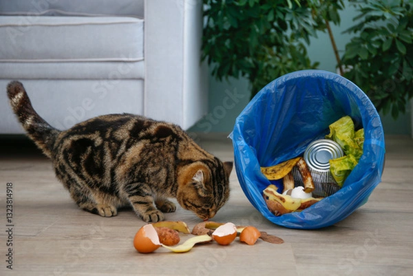 Fototapeta The cat scattered the garbage from the trash can on the floor in the house