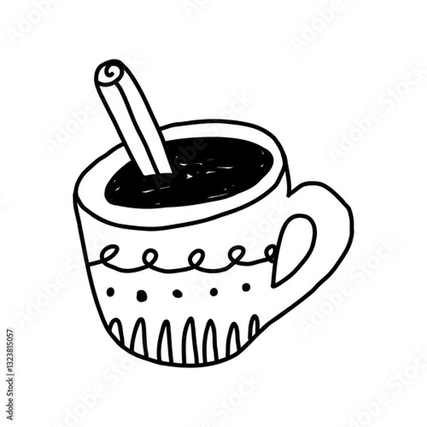 Fototapeta Hand drawn cup of coffee with cinnamon stick, cute doodle vector illustration isolated on white background. Hot winter drink.