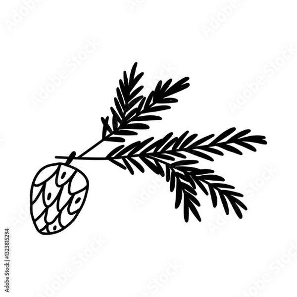 Fototapeta Hand drawn pine cone with branch in cute doodle style, vector illustration isolated on white background. Winter botany and Christmas decor design element.