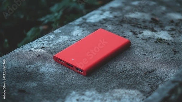 Fototapeta A sleek, compact red power bank, a portable marvel of technology, boasted multiple charging ports, ready to replenish the life of your device on the go, ensuring uninterrupted connectivity wherever