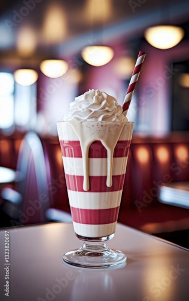 Fototapeta Delicious Milkshake with Whipped Cream and Striped Straw in Retro Diner Setting