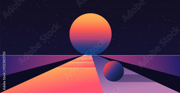Fototapeta Psychedelic outer space. Trendy gradient planets, retro palette.