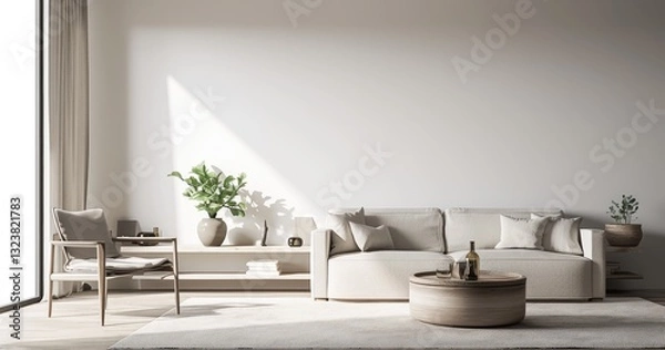 Fototapeta Bright Minimalist Living Room Interior with Neutral Colors: Sofa, Armchair, Coffee Table, White Bookcase, and Empty Wall Mockup. Modern Studio Concept.