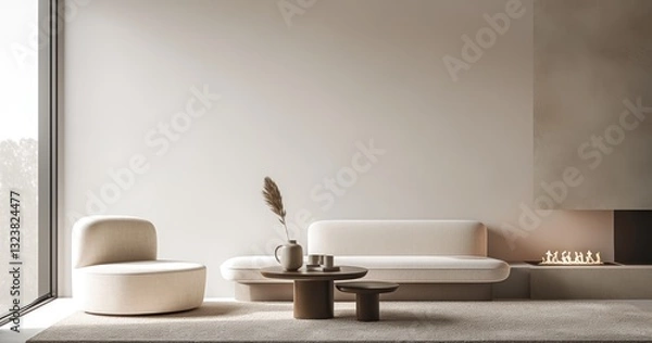 Fototapeta Minimalist Modern Living Room with Sofa, Armchairs, Coffee Table, and Soft Lighting from Fireplace. Ideal for Product Presentation and Advertising Mockups.