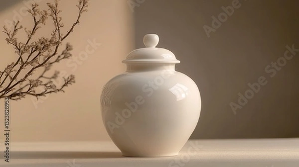 Fototapeta A pristine white jar, its lid sealed tight, stood majestically on a plain backdrop, its simple yet elegant design emphasizing its functionality and form in muted tones, exuding tranquility and