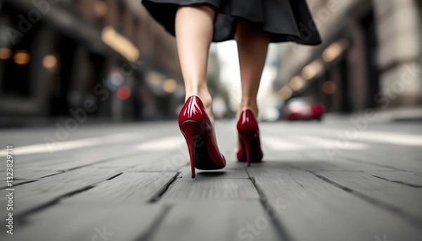 Fototapeta ファンタジーストーリー（モノクロームに刻まれた、一瞬のモノローグ—都会の街並みを颯爽と駆け抜ける女性）