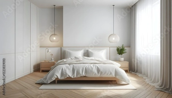 Fototapeta A clean and inviting bedroom features a large bed adorned with soft blankets and pillows