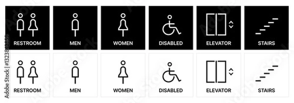 Fototapeta linear Restroom icon set. male and female toilet symbols. disabled icon. gender icon. restroom pictogram. Elevator and stairs public signage. WC signage	
