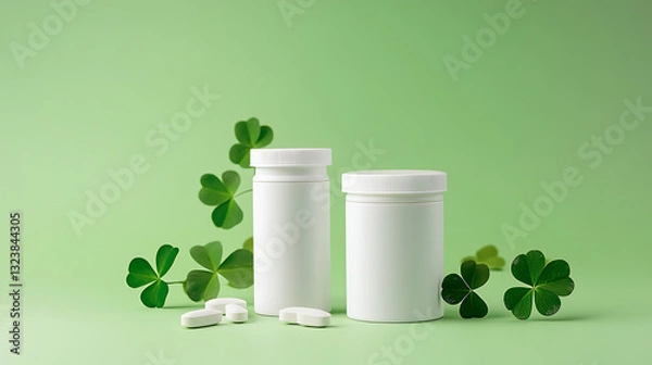 Fototapeta Clover and pills on green background. St. Patrick's Day concept
