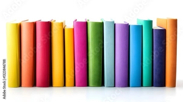 Fototapeta White background with a stack of colorful books, neatly arranged, symbolizes knowledge and organization.