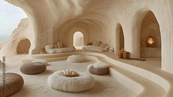 Fototapeta Cave-like interior design with plush seating