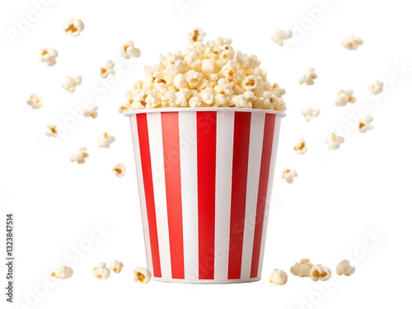 Fototapeta Red and white striped popcorn bucket overflowing with popcorn.