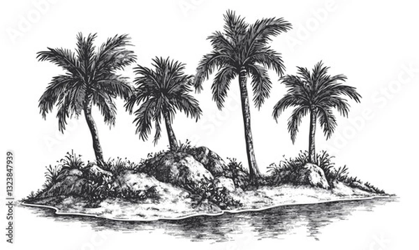 Fototapeta Tropical island with palm trees and rocks vector, linear style, icons set.