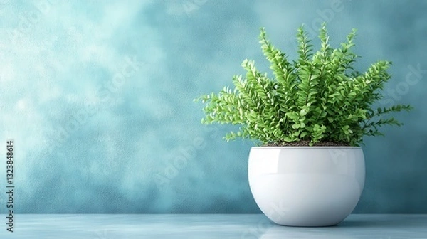 Fototapeta A verdant emerald plant, nestled in a sleek white pot, stood as a beacon of tranquility against a soft light blue wall, creating a cozy and inviting atmosphere in an indoor setting.