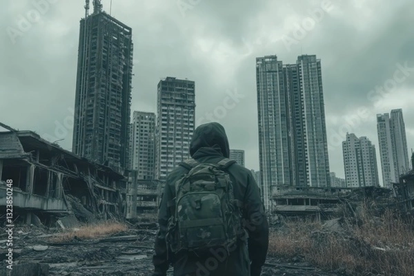 Fototapeta Exploring abandoned urban landscape with skyscrapers and overgrown vegetation in a desolate atmosphere