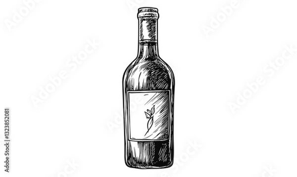 Fototapeta Simple wine bottle drawing with detailed label, monochrome outline, icon set, linear vector.