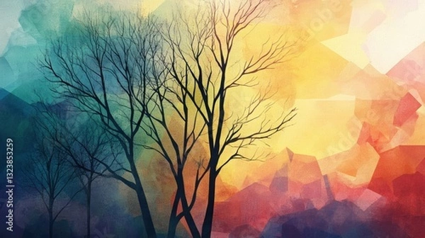 Fototapeta Abstract Tree and Vibrant Hues: An artistic representation of bare trees silhouetted against a captivating backdrop of multicolored abstract shapes, inviting interpretation and contemplation.
