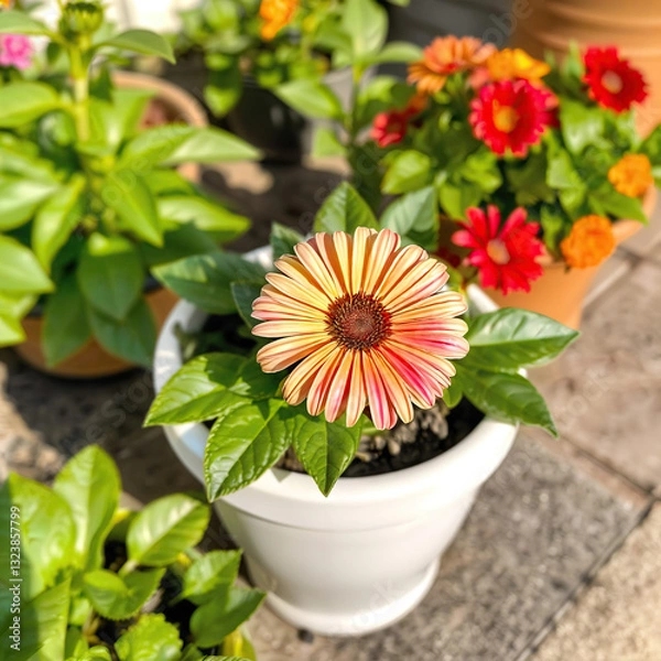Obraz A vibrant gerbera daisy with yellow and red petals in a red pot, surrounded by green leaves, with other colorful flowers in pots in the background