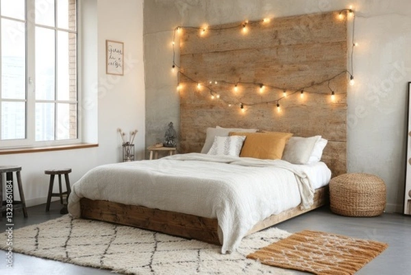 Fototapeta Elegant Bedroom with a Comfortable Bed, Plush Rugs, and Soft Glow Lighting