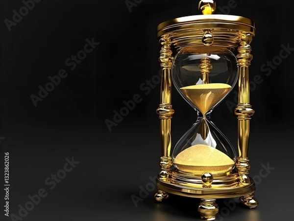 Fototapeta An hourglass with golden sand slowly flowing, black background, symbolizes the value of time.