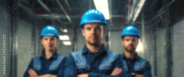 Fototapeta Blurred background featuring a row of electricians in blue safety helmets, arms crossed, symbolizing strength, discipline, and industry expertise