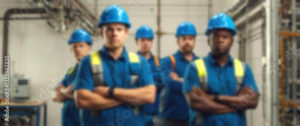 Fototapeta Blurred background displaying a team of electricians in blue helmets with crossed arms, representing reliable technical support and teamwork
