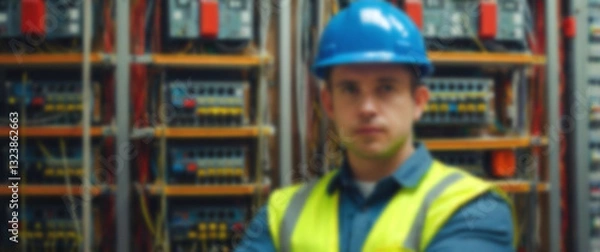 Fototapeta Blurred background highlighting a cohesive group of electricians in blue helmets, arms crossed confidently, symbolizing technical expertise and safety