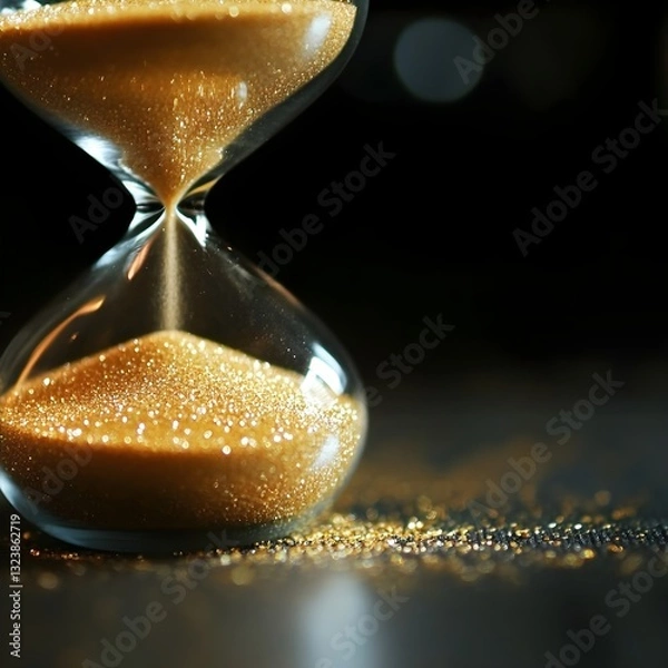 Fototapeta An hourglass with golden sand slowly flowing, black background, symbolizes the value of time.