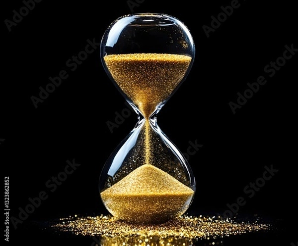 Fototapeta An hourglass with golden sand slowly flowing, black background, symbolizes the value of time.