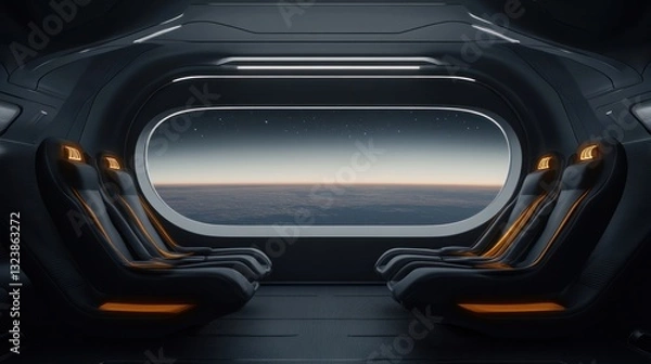 Fototapeta Futuristic Spaceship Cabin with Earth View