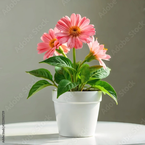 Obraz A pink Gerbera flower in a white pot with green leaves, sitting on a white surface, against a plain light gray background, soft lighting